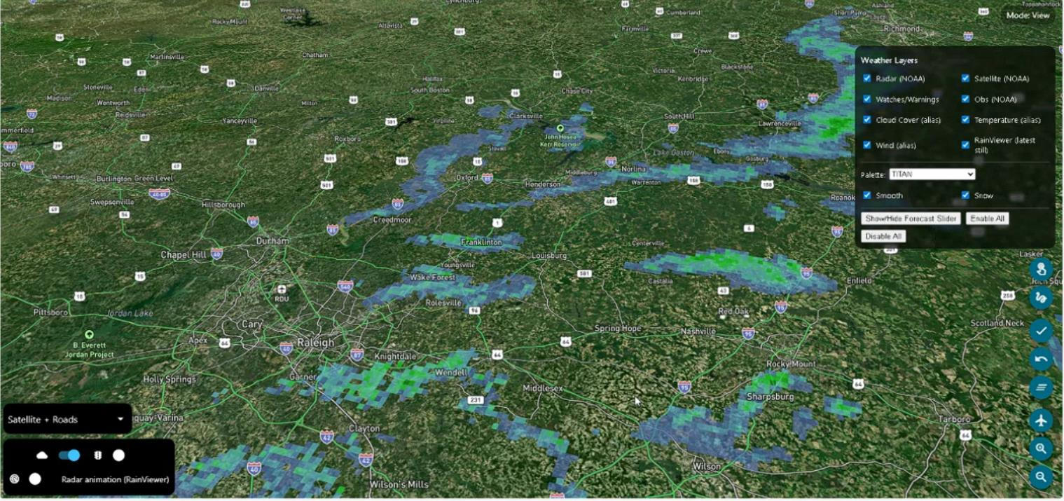 Screenshot: current weather radar rendered over three-dimensional terrain.